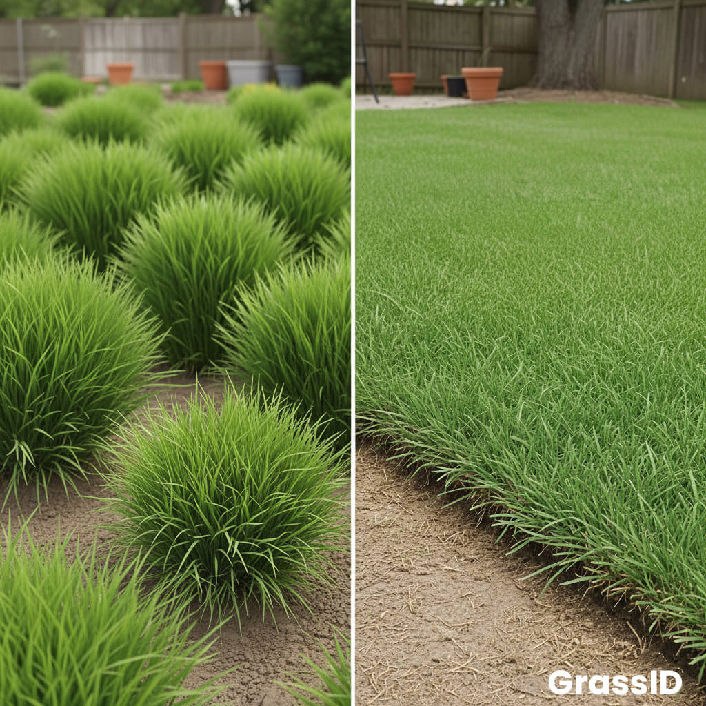Visual comparison of bunch-type vs spreading grass growth patterns